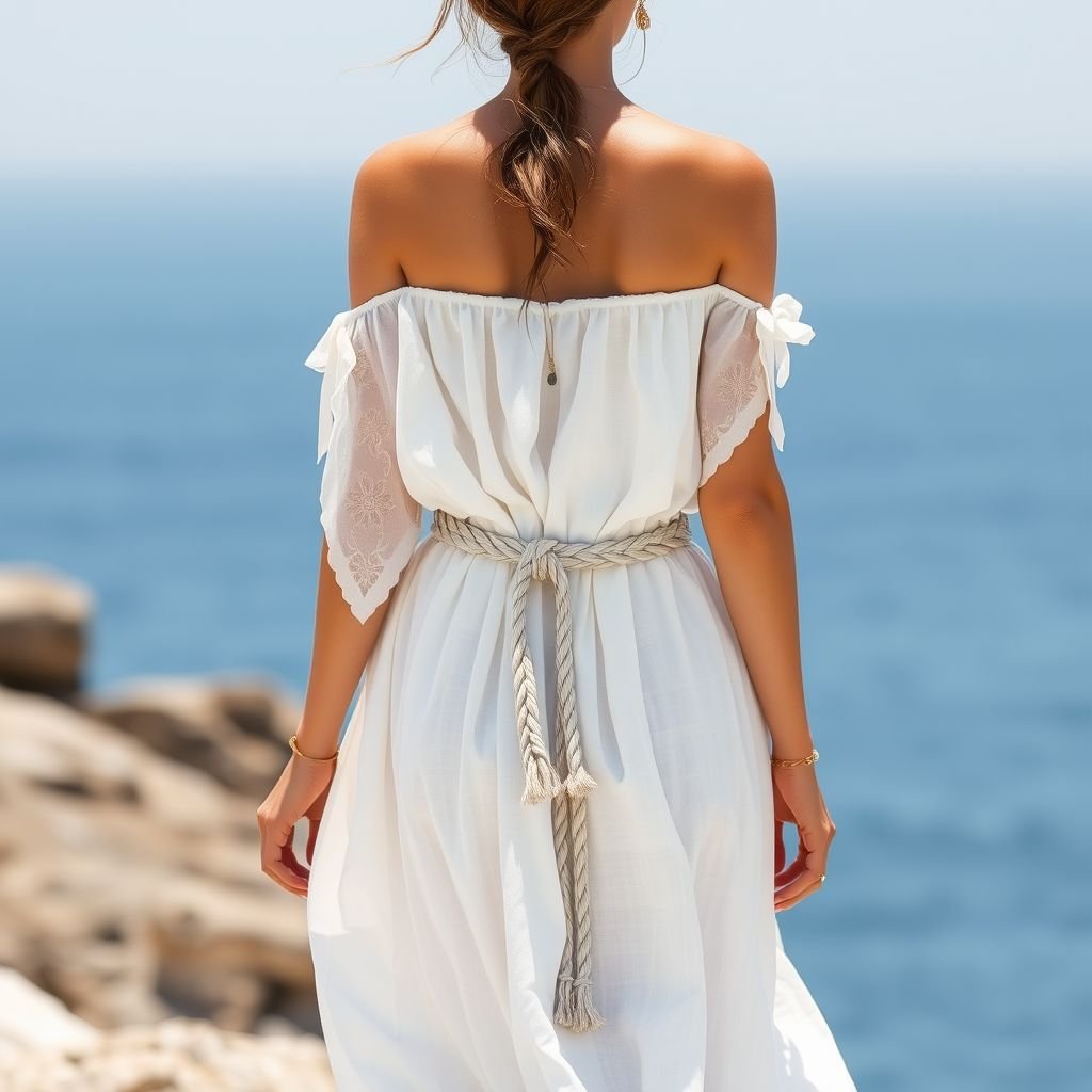 שמלה קיצית בסטייל קליל יווני
Imagine a flowy summer dress inspired by Greek aesthetics, featuring soft, breathable linen in a serene white hue. The gown drapes elegantly with off-the-shoulder sleeves and a cinched waist adorned with a braided sash. Delicate gold accents and intricate embroidery add a touch of ancient charm, perfect for sun-soaked adventures.