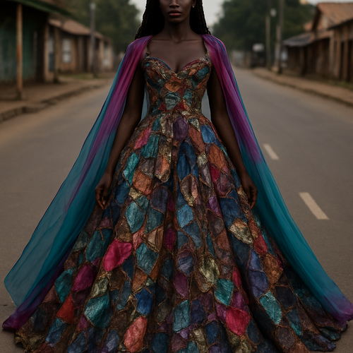 I want to Create one of kind colorful gown made from scrap fabric with iridescent touches and design with a colorful two tone chiffon for high end fashionista that will give it a sophisticated and gorgeous look on a real human dark skin modeling it on the roadside of a street in Africa.
