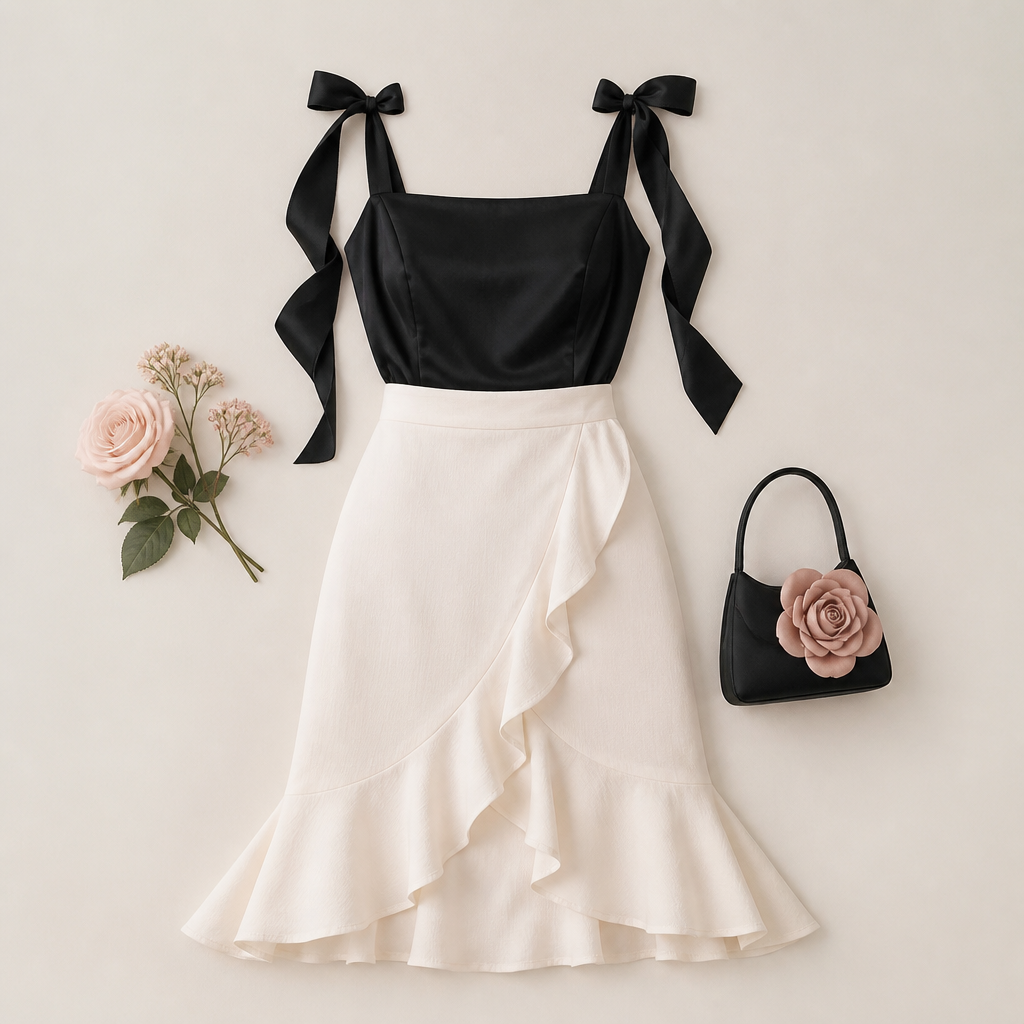 17. Romance Negro
Prendas: top negro con lazos en las mangas + falda midi ivory con volantes.
Colores: negro, marfil y rosa muy suave.
Descripción: Más elegante y contrastado, pero todavía femenino y romántico.
Dificultad: media.
Precio sugerido: S/109 a S/129.. Peru fashion aesthetics.
photorealistic fashion design, 17. Romance Negro
Prendas: top negro con lazos en las mangas + falda midi ivory con volantes.
Colores: negro, marfil y rosa muy suave.
Descripción: Más elegante y contrastado, pero todavía femenino y romántico.
Dificultad: media.
Precio sugerido: S/109 a S/129.. Peru fashion aesthetics., just the design no text