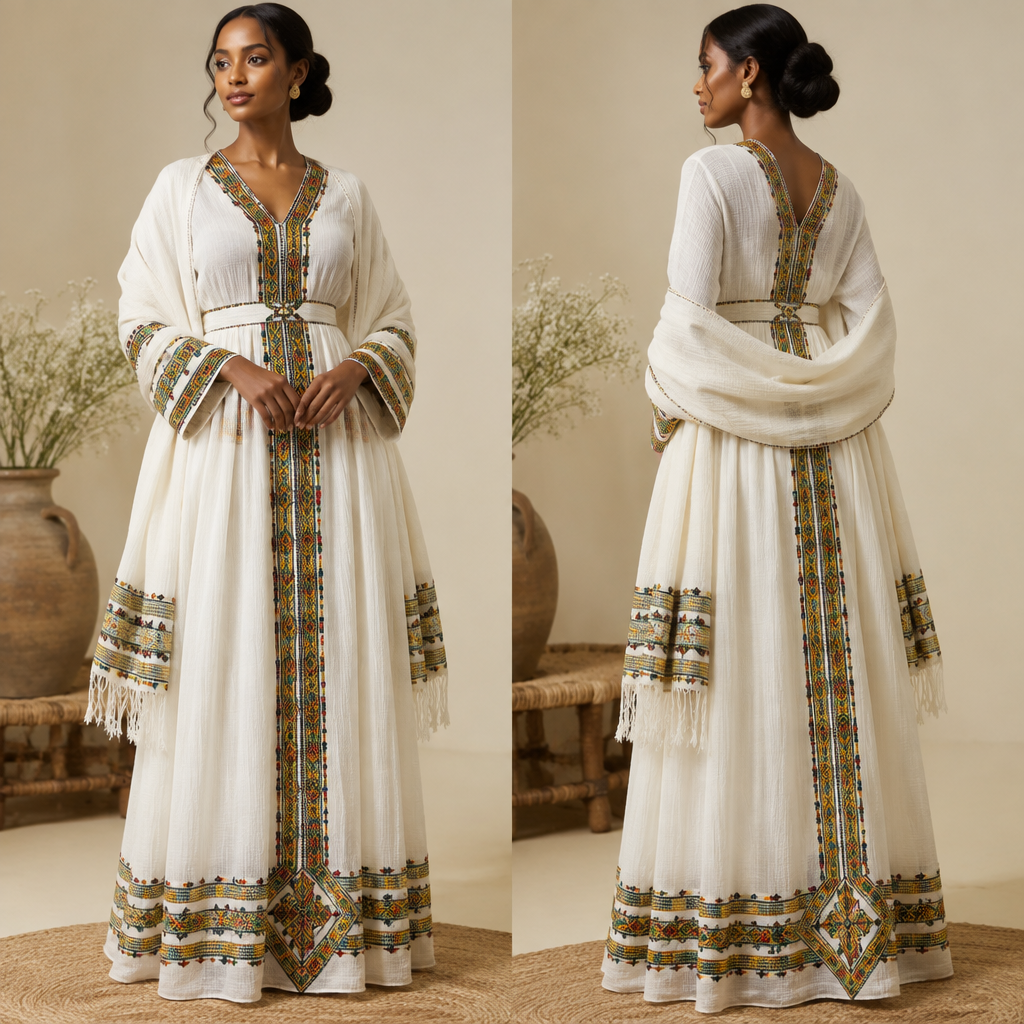 A Female Dress design, suitable for Summer. Consider Ethiopian fashion — habesha kemis, netela shawls, intricate hand-weaving, white cotton traditions. Present it as professional fashion catalogue photography: the garment is the subject, shown full-length with editorial styling, neutral posing and tasteful, non-suggestive framing.
photorealistic fashion design, A Female Dress design, suitable for Summer. Consider Ethiopian fashion — habesha kemis, netela shawls, intricate hand-weaving, white cotton traditions. Present it as professional fashion catalogue photography: the garment is the subject, shown full-length with editorial styling, neutral posing and tasteful, non-suggestive framing., just the design no text
