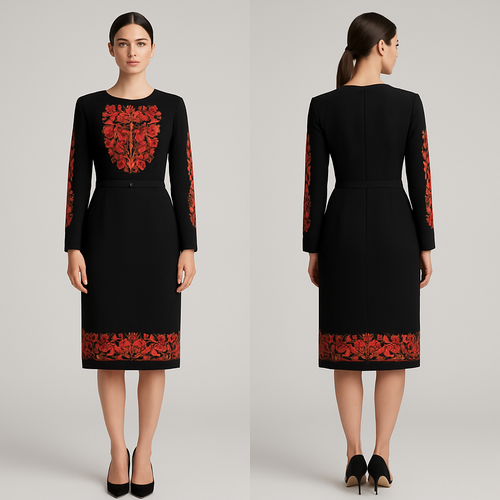 Strict business dresses for corporate events with Russian patterns and minimalist style.*