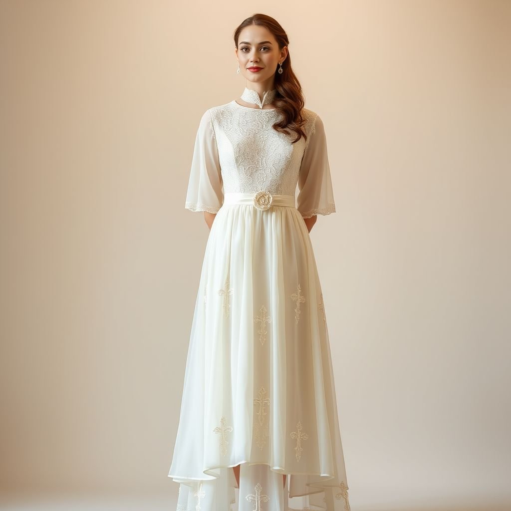 Church dress
Imagine a contemporary church dress that harmoniously blends elegance and spirituality. Crafted from flowing, pastel-hued chiffon, it features delicate lace overlays and subtle embroidery of sacred symbols. The silhouette is modest yet modern, with a high neckline and ankle-length hem. Accentuated by a wide, cinched waist belt, it embodies grace and reverence.