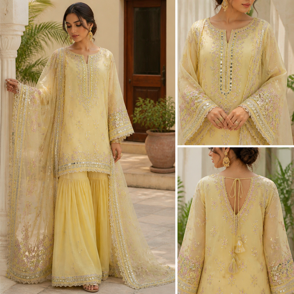 A Female Dress design, suitable for Summer. Consider Pakistani fashion — shalwar kameez, gharara, sharara; lawn fabrics, chiffon; intricate embroidery and mirror work. Current season is Summer in Pakistan.
photorealistic fashion design, A Female Dress design, suitable for Summer. Consider Pakistani fashion — shalwar kameez, gharara, sharara; lawn fabrics, chiffon; intricate embroidery and mirror work. Current season is Summer in Pakistan., just the design no text
