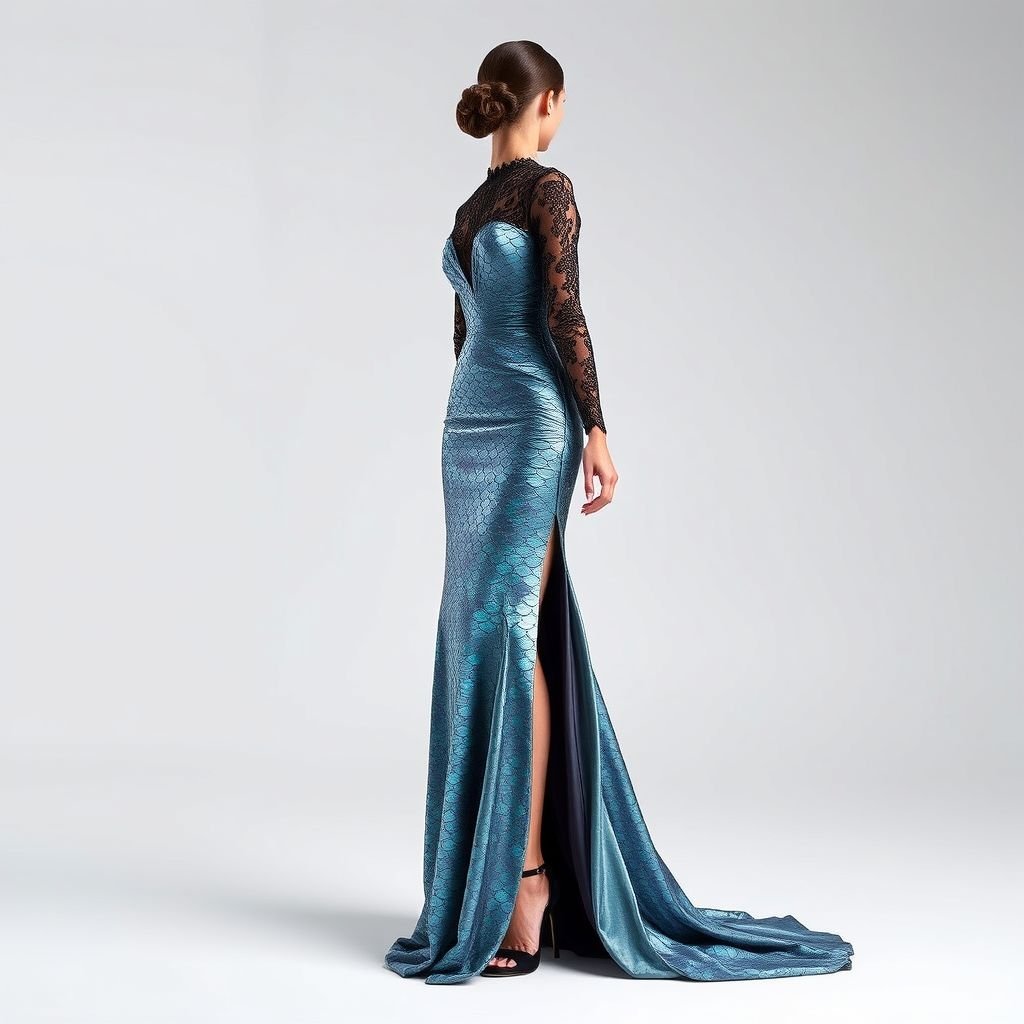Long body fited
“Long body fitted gown inspired by the elegance of a modern mermaid tail, featuring iridescent scales that shimmer with every movement. The fabric flows gracefully, hugging curves while incorporating intricate lace patterns along the sleeves. A dramatic high slit showcases sleek stiletto heels, merging contemporary style with a touch of fantasy.”