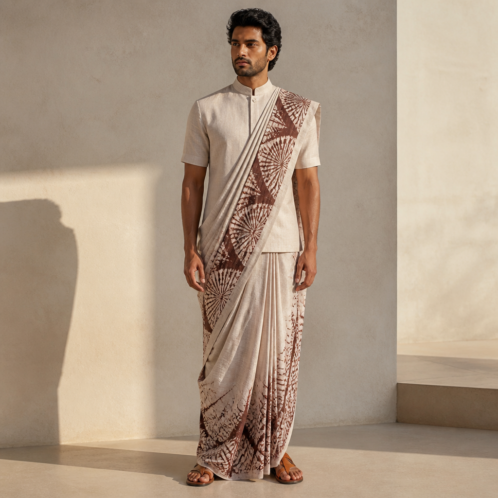 A Male Dress design, suitable for Summer. Consider Sri Lankan fashion — kandyan saree draping, batik prints; tropical-friendly fabrics.
photorealistic fashion design, A Male Dress design, suitable for Summer. Consider Sri Lankan fashion — kandyan saree draping, batik prints; tropical-friendly fabrics., just the design no text