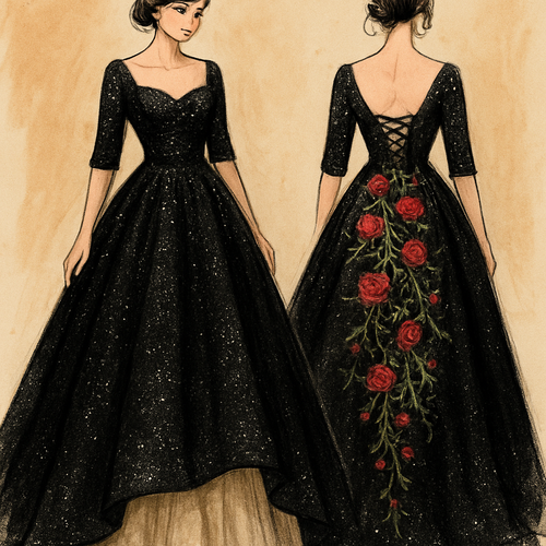 Glittery wedding dress,black color, champagne underline, 1/3 sleeves sleeves. With red roses and green vines embroidered cascading down the back of the dress. Corset top and lace up back.