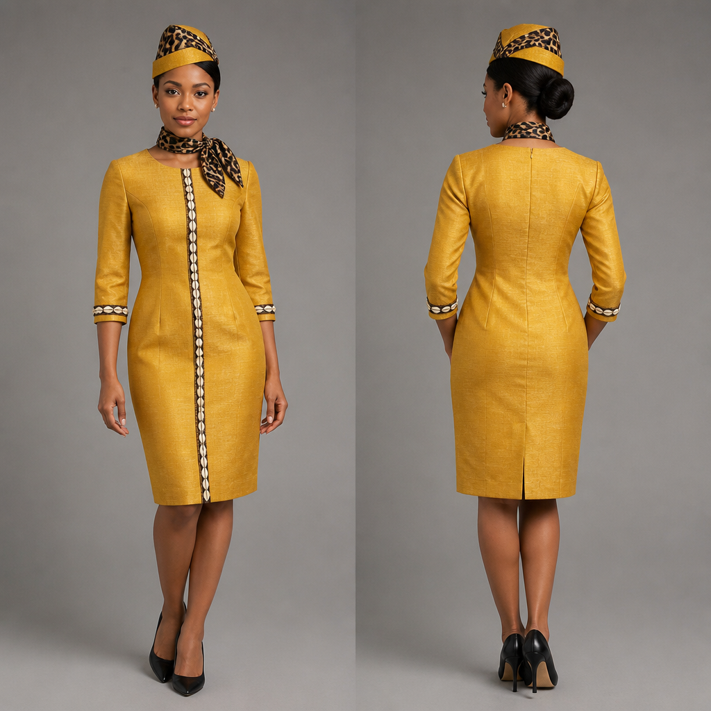 Robe hôtesse tissue jaune or avec cauris Et un chapeau style hôtesse e l’air motif panthere noir marron et un petit foulard motif panthere au cou
photorealistic fashion design, Robe hôtesse tissue jaune or avec cauris Et un chapeau style hôtesse e l’air motif panthere noir marron et un petit foulard motif panthere au cou, business style, just the design no text, show front and back
