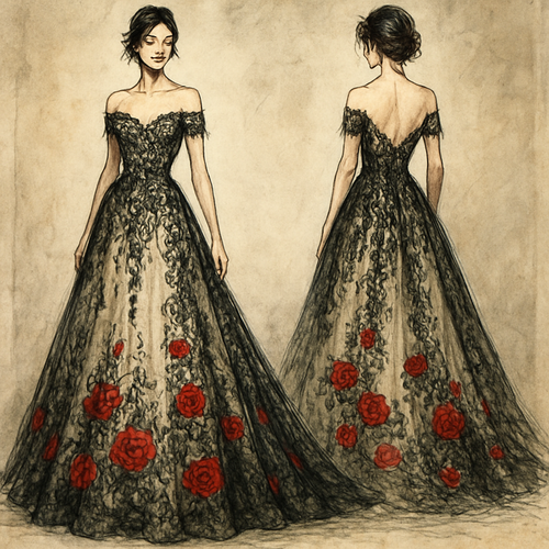 Lace wedding dress,black and champagne color, off the shoulder sleeves, and red roses embroidered on the dress.