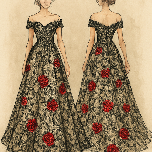 Lace black with champagne underlay wedding dress with off the shoulder sleeves with sequined red roses around the dress.