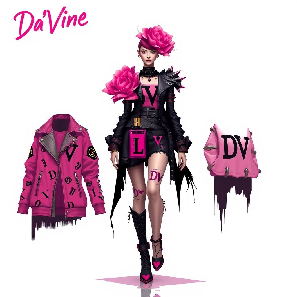 Pink with the name “Da’Vine” on it. With DV on it. Shape the bottle as a flower
Design an edgy fashion ensemble inspired by the vivid pink fragrance “Da’Vine.” Incorporate bold graphic prints featuring the initials DV, set against distressed leather and sheer mesh fabrics. Create oversized silhouettes with asymmetric cuts, layered with metallic studs and spikes. Include floral motifs to mirror the bottle's flower shape for a rebellious, captivating appeal.