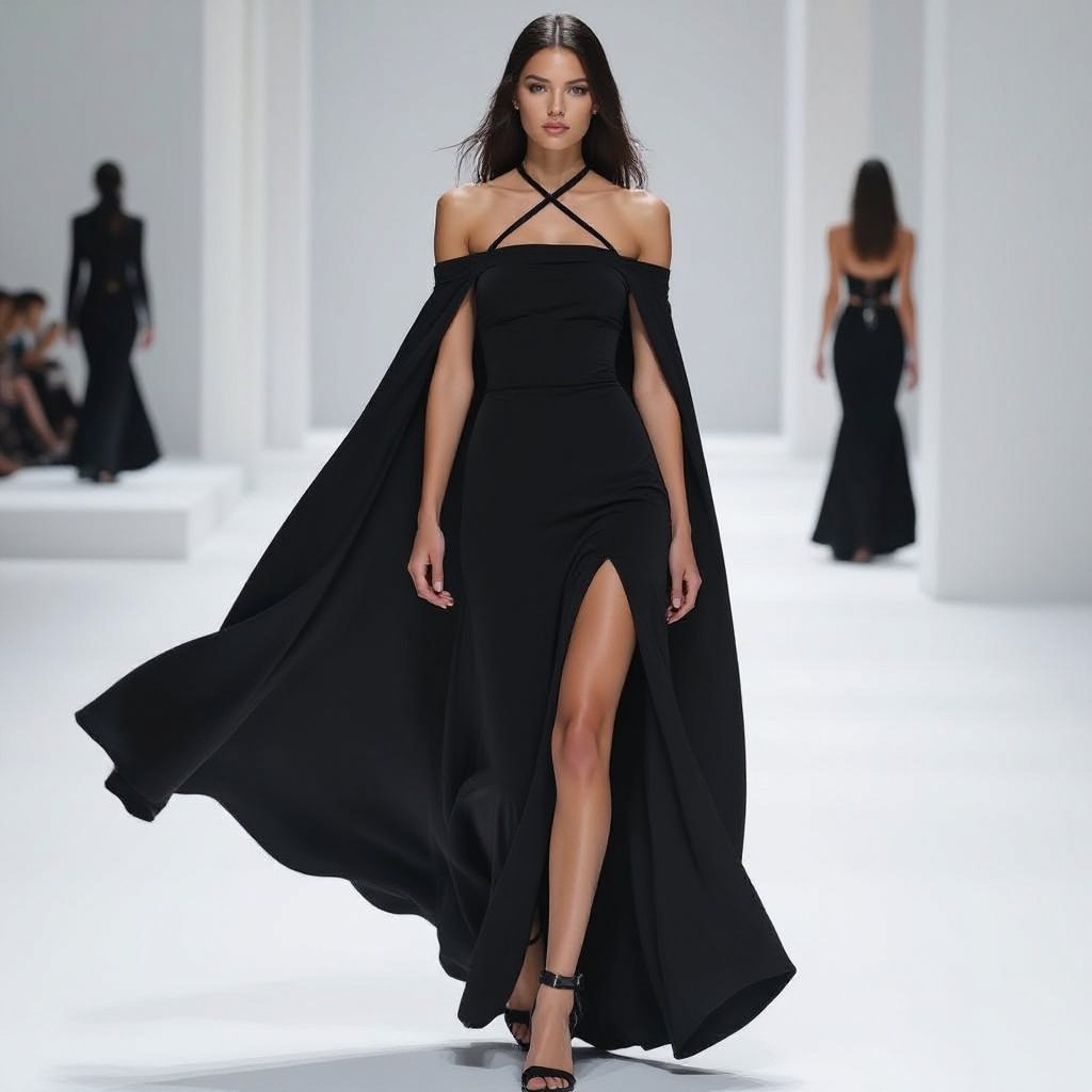 A one peace dress in black colour,strapless one slit , calf length . Halter neck cape like made with strings create illustration
Gothic fashion: Black strapless calf-length dress with one slit. Halter neck string cape creates an illusion.