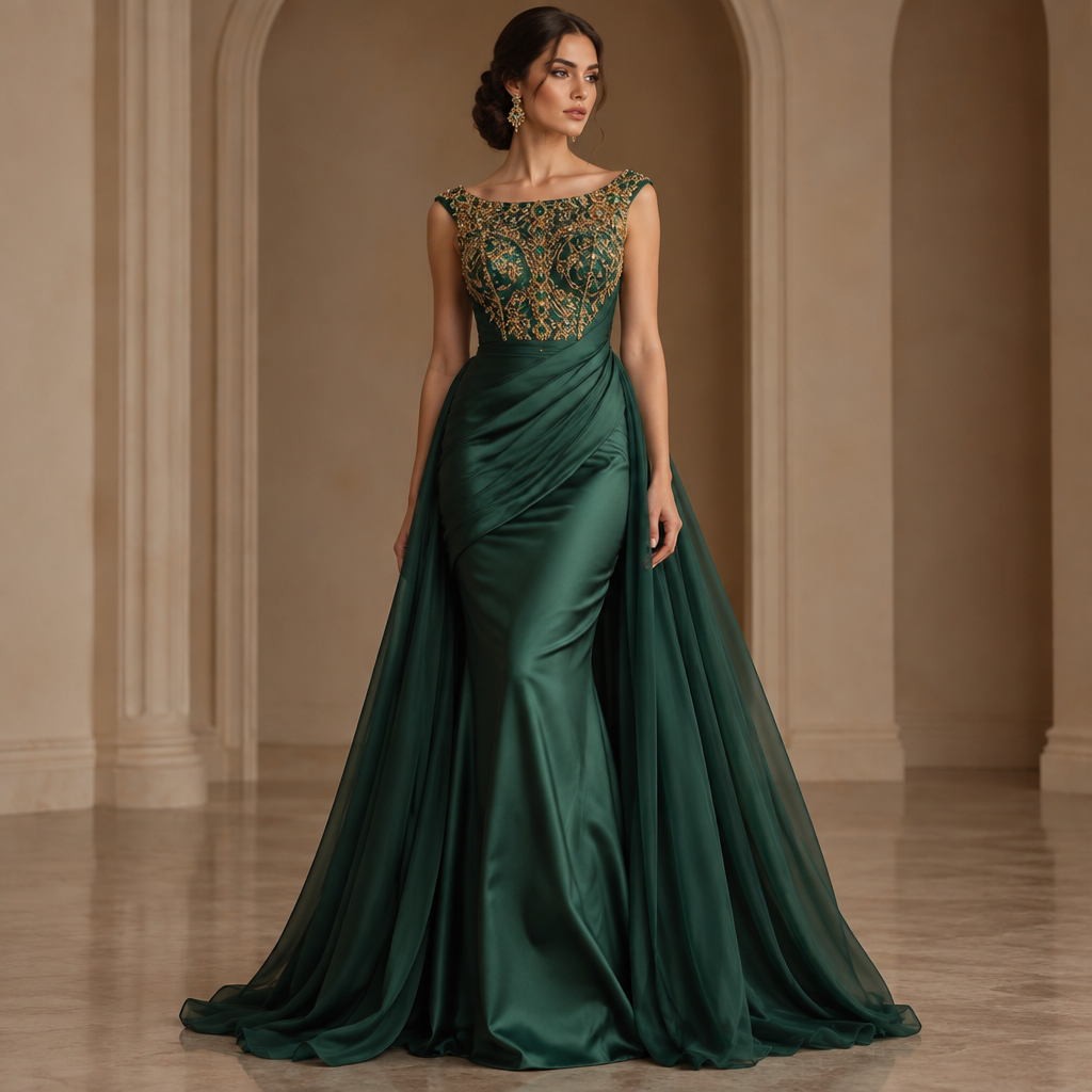 photorealistic fashion design, A Dress design. Robe de soire tissu foulard et des pierres precieuses
Le haut est brode avec un fil d or et des pierres precieuses et col bateau du devant et bretelle au dos
Le bas de la robe et serre sans brodre ni pierres precieuses un deuxième pieces de tissu couvre la première elle peut ette du foulard royal. Algeria fashion aesthetics. Present it as professional fashion catalogue photography: the garment is the subject, shown full-length with editorial styling, neutral posing and tasteful, non-suggestive framing., just the design no text. Refinement: Unfier la couleur de la piece de foulard
photorealistic fashion design, photorealistic fashion design, A Dress design. Robe de soire tissu foulard et des pierres precieuses
Le haut est brode avec un fil d or et des pierres precieuses et col bateau du devant et bretelle au dos
Le bas de la robe et serre sans brodre ni pierres precieuses un deuxième pieces de tissu couvre la première elle peut ette du foulard royal. Algeria fashion aesthetics. Present it as professional fashion catalogue photography: the garment is the subject, shown full-length with editorial styling, neutral posing and tasteful, non-suggestive framing., just the design no text. Refinement: Unfier la couleur de la piece de foulard , just the design no text