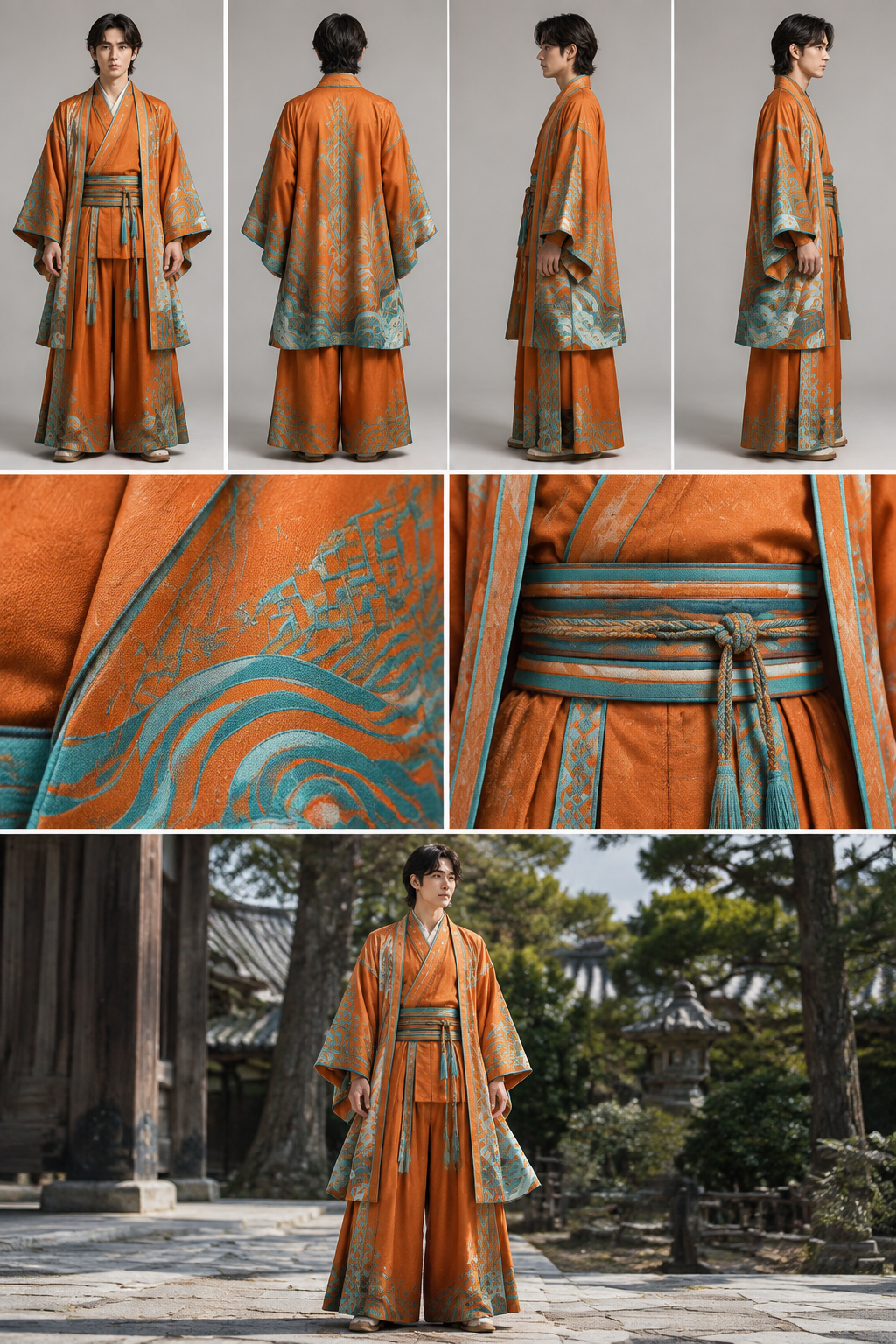 Create an original, highly realistic Japanese-inspired cosplay outfit designed as a complete, wearable clothing set. The outfit should feel like premium real-world clothing rather than a cheap anime costume or mass-produced cosplay.
COLOR PALETTE:
The two main colors must be vivid orange and cyan/turquoise. Orange should be the dominant base color, while cyan is used for carefully designed patterns, borders, panels and stitching details. Use almost no black. Black should appear only in tiny functional details if absolutely necessary. Do NOT introduce blue, purple, green, yellow or other dominant colors.
MAIN JACKET / HAORI:
Create a long, elegant haori-inspired jacket reaching approximately to the upper or middle thigh. The silhouette should be slightly loose and dynamic, allowing the fabric to move naturally while walking. Use high-quality orange cotton or textured linen as the primary fabric. Add cyan geometric patterns that look intentionally designed rather than randomly printed.
The cyan pattern should begin subtly around the shoulders and become more detailed toward the lower edges and sleeves. Include a distinctive original repeating pattern inspired by flowing energy, waves and angular Japanese geometric shapes, but do not copy any existing anime character’s costume.
The jacket should have wide sleeves with realistic folds, natural fabric weight and visible stitching. The cuffs should have a refined cyan border. The inside of the jacket can contain a small amount of darker orange or muted cyan for depth.
UNDERLAYER:
Under the jacket, create a simple fitted but comfortable orange-and-cyan traditional-inspired top. It should be practical, modest and suitable for a cosplay convention. Use mostly orange fabric with a cyan collar and narrow cyan seams.
TROUSERS:
Create wide, comfortable trousers inspired by traditional Japanese hakama proportions, but redesigned as modern wearable cosplay clothing. Use a deep, rich orange fabric with cyan vertical details and subtle geometric embroidery. The trousers should have realistic fabric folds and believable construction.
WAIST:
Add a wide traditional-inspired fabric waist belt/obi. Make the main belt orange and add several cyan bands running horizontally through it. The belt should visually connect the jacket and trousers without looking oversized.
DESIGN LANGUAGE:
The entire outfit should look like one coherent original character design. It should be recognizable from a distance because of the orange-and-cyan color combination and the unique geometric pattern.
REALISM:
Photorealistic clothing photography. Real cotton, linen and woven fabric textures. Visible seams, stitching, hems, folds and realistic fabric thickness. Natural shadows and believable garment construction. No plastic-looking materials. No shiny synthetic costume fabric.
IMPORTANT:
Make the clothing look like something a real clothing designer could manufacture and a person could actually wear comfortably. Avoid exaggerated fantasy armor, glowing effects, oversized decorations or impossible shapes.
PRESENTATION:
Show the complete outfit on a neutral mannequin/model in a professional fashion-design presentation.
Generate multiple views of exactly the SAME outfit:
1. Full front view
2. Full back view
3. Left side view
4. Right side view
5. Close-up of the jacket fabric and cyan pattern
6. Close-up of the waist and belt construction
7. Full outfit in a realistic outdoor setting
Keep the design identical between all views. Do not redesign the outfit between images.
No text, logos, brand names or watermarks on the clothing.
Original design, not a copy of any existing character.
Create an original, highly realistic Japanese-inspired cosplay outfit designed as a complete, wearable clothing set. The outfit should feel like premium real-world clothing rather than a cheap anime costume or mass-produced cosplay.
COLOR PALETTE:
The two main colors must be vivid orange and cyan/turquoise. Orange should be the dominant base color, while cyan is used for carefully designed patterns, borders, panels and stitching details. Use almost no black. Black should appear only in tiny functional details if absolutely necessary. Do NOT introduce blue, purple, green, yellow or other dominant colors.
MAIN JACKET / HAORI:
Create a long, elegant haori-inspired jacket reaching approximately to the upper or middle thigh. The silhouette should be slightly loose and dynamic, allowing the fabric to move naturally while walking. Use high-quality orange cotton or textured linen as the primary fabric. Add cyan geometric patterns that look intentionally designed rather than randomly printed.
The cyan pattern should begin subtly around the shoulders and become more detailed toward the lower edges and sleeves. Include a distinctive original repeating pattern inspired by flowing energy, waves and angular Japanese geometric shapes, but do not copy any existing anime character’s costume.
The jacket should have wide sleeves with realistic folds, natural fabric weight and visible stitching. The cuffs should have a refined cyan border. The inside of the jacket can contain a small amount of darker orange or muted cyan for depth.
UNDERLAYER:
Under the jacket, create a simple fitted but comfortable orange-and-cyan traditional-inspired top. It should be practical, modest and suitable for a cosplay convention. Use mostly orange fabric with a cyan collar and narrow cyan seams.
TROUSERS:
Create wide, comfortable trousers inspired by traditional Japanese hakama proportions, but redesigned as modern wearable cosplay clothing. Use a deep, rich orange fabric with cyan vertical details and subtle geometric embroidery. The trousers should have realistic fabric folds and believable construction.
WAIST:
Add a wide traditional-inspired fabric waist belt/obi. Make the main belt orange and add several cyan bands running horizontally through it. The belt should visually connect the jacket and trousers without looking oversized.
DESIGN LANGUAGE:
The entire outfit should look like one coherent original character design. It should be recognizable from a distance because of the orange-and-cyan color combination and the unique geometric pattern.
REALISM:
Photorealistic clothing photography. Real cotton, linen and woven fabric textures. Visible seams, stitching, hems, folds and realistic fabric thickness. Natural shadows and believable garment construction. No plastic-looking materials. No shiny synthetic costume fabric.
IMPORTANT:
Make the clothing look like something a real clothing designer could manufacture and a person could actually wear comfortably. Avoid exaggerated fantasy armor, glowing effects, oversized decorations or impossible shapes.
PRESENTATION:
Show the complete outfit on a neutral mannequin/model in a professional fashion-design presentation.
Generate multiple views of exactly the SAME outfit:
1. Full front view
2. Full back view
3. Left side view
4. Right side view
5. Close-up of the jacket fabric and cyan pattern
6. Close-up of the waist and belt construction
7. Full outfit in a realistic outdoor setting
Keep the design identical between all views. Do not redesign the outfit between images.
No text, logos, brand names or watermarks on the clothing.
Original design, not a copy of any existing character.