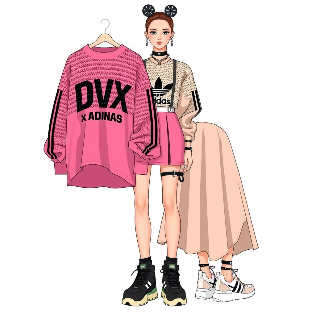 A pink and beige two toned crochet shirt and skirt, that says “DV X Adidas” on it, with 3stripes
Design an edgy streetwear ensemble featuring a pink and beige two-toned crochet shirt and high-waisted skirt adorned with bold "DV X Adidas" graphics. Incorporate oversized, loose-fit cuts for an urban vibe. Add three iconic stripes down the sleeves and hemline, paired with chunky sneakers and statement accessories for ultimate street style impact.