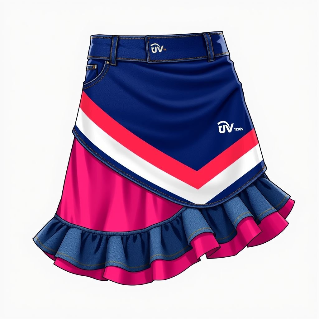 Make me a sporty skirt that resembles adidas, but add a different logo, for my brand called “Da’Vins”except add “DV” on it, put 2 stripes and make half of the skirt jean and the other half stretchy and add a little ruffles. The skirt should also look like a tennis skirt
Design a dynamic sporty skirt for "Da'Vins," merging function and flair. Integrate classic denim on one side and a vibrant, stretchy fabric on the other. Incorporate ruffles along the hem to enhance movement. Embellish with two bold stripes and a unique "DV" logo, evoking the essence of active lifestyle and tennis aesthetics.