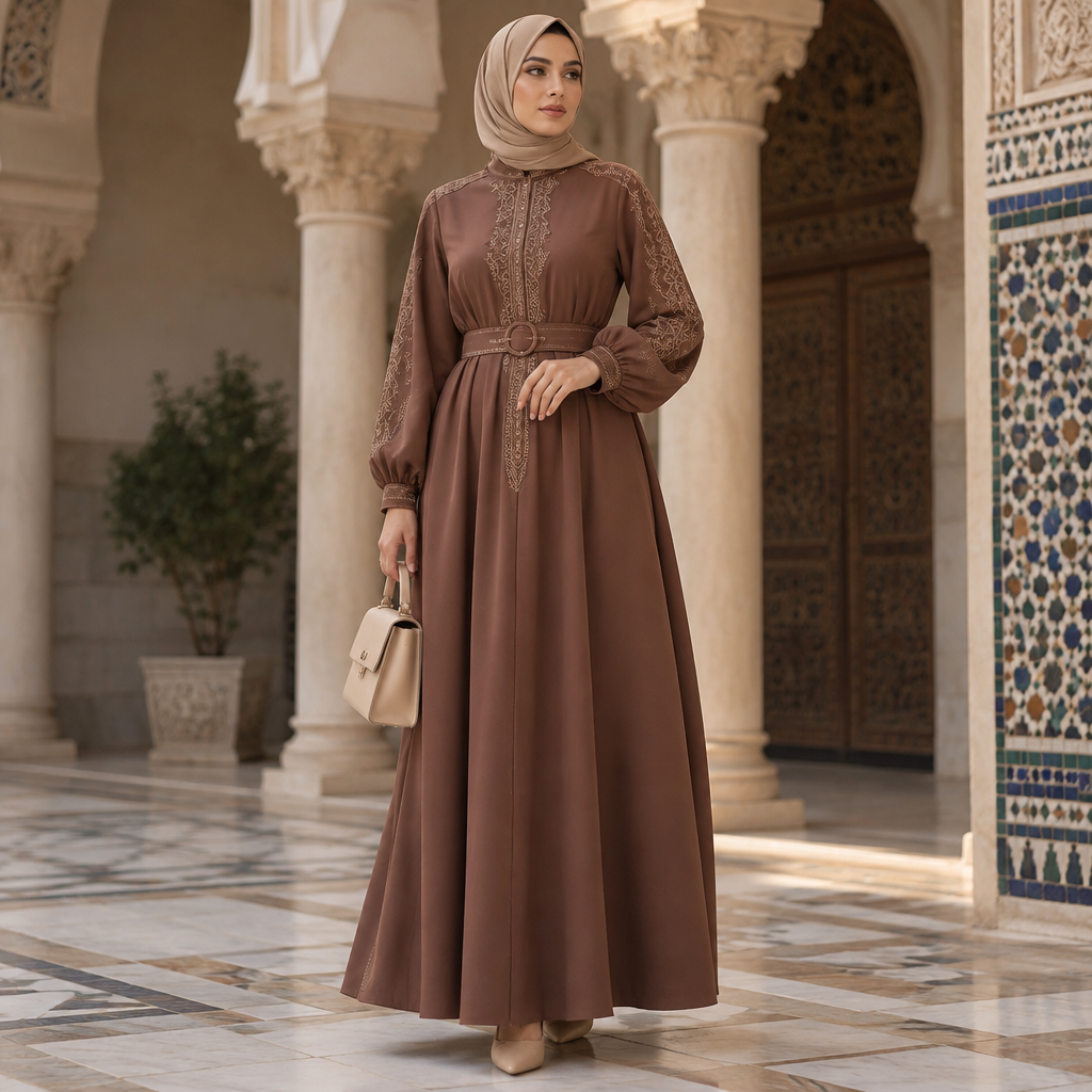 A Female Dress design, with modest, full coverage: longer hemlines, higher necklines and covered shoulders, suitable for Fall, in Classic style. Algeria fashion aesthetics. Present it as professional fashion catalogue photography: the garment is the subject, shown full-length with editorial styling, neutral posing and tasteful, non-suggestive framing.
photorealistic fashion design, A Female Dress design, with modest, full coverage: longer hemlines, higher necklines and covered shoulders, suitable for Fall, in Classic style. Algeria fashion aesthetics. Present it as professional fashion catalogue photography: the garment is the subject, shown full-length with editorial styling, neutral posing and tasteful, non-suggestive framing., classic style, just the design no text