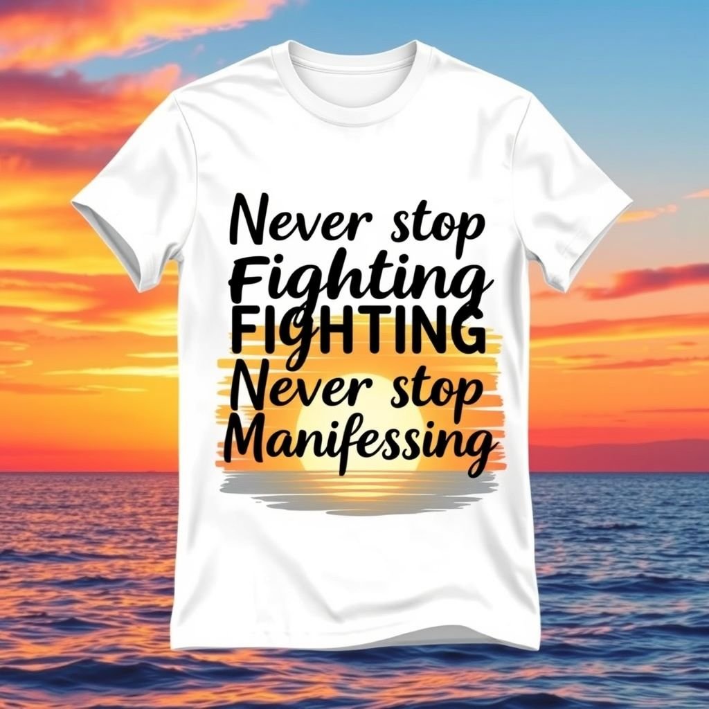 White slim fit stretch fabric female T-shirt with the a image of the sea with the sun setting with orange blue sky with this quote in the middle “Never stop Fighting , Never stop Manifesting.”
Design a casual white slim fit T-shirt crafted from soft stretch fabric, featuring a vibrant illustration of a serene sunset over the sea. The warm orange and cool blue sky sets a tranquil vibe, while the empowering quote, “Never stop Fighting, Never stop Manifesting,” boldly centers the design, perfect for everyday wear.