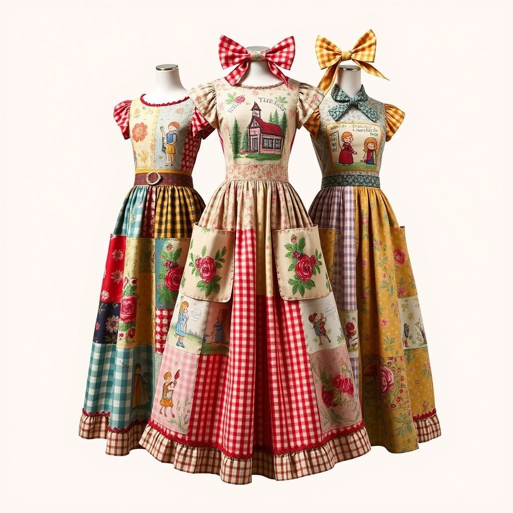 Fairytale quilt
Imagine a whimsical fashion collection inspired by a fairytale quilt, featuring patchwork dresses adorned with intricate, embroidered scenes from classic stories. Each garment showcases vibrant, mismatched fabrics—floral prints, gingham, and brocade—combined with flowing silhouettes that evoke a sense of magic, completed with oversized pockets and enchanting, oversized bows.