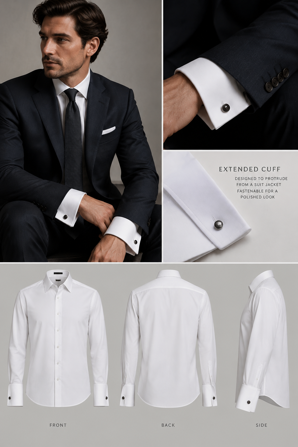 A smart dress shirt with extended cuffs that can be fastened—designed so that they can protrude from beneath a suit jacket.
A smart dress shirt with extended cuffs that can be fastened—designed so that they can protrude from beneath a suit jacket.