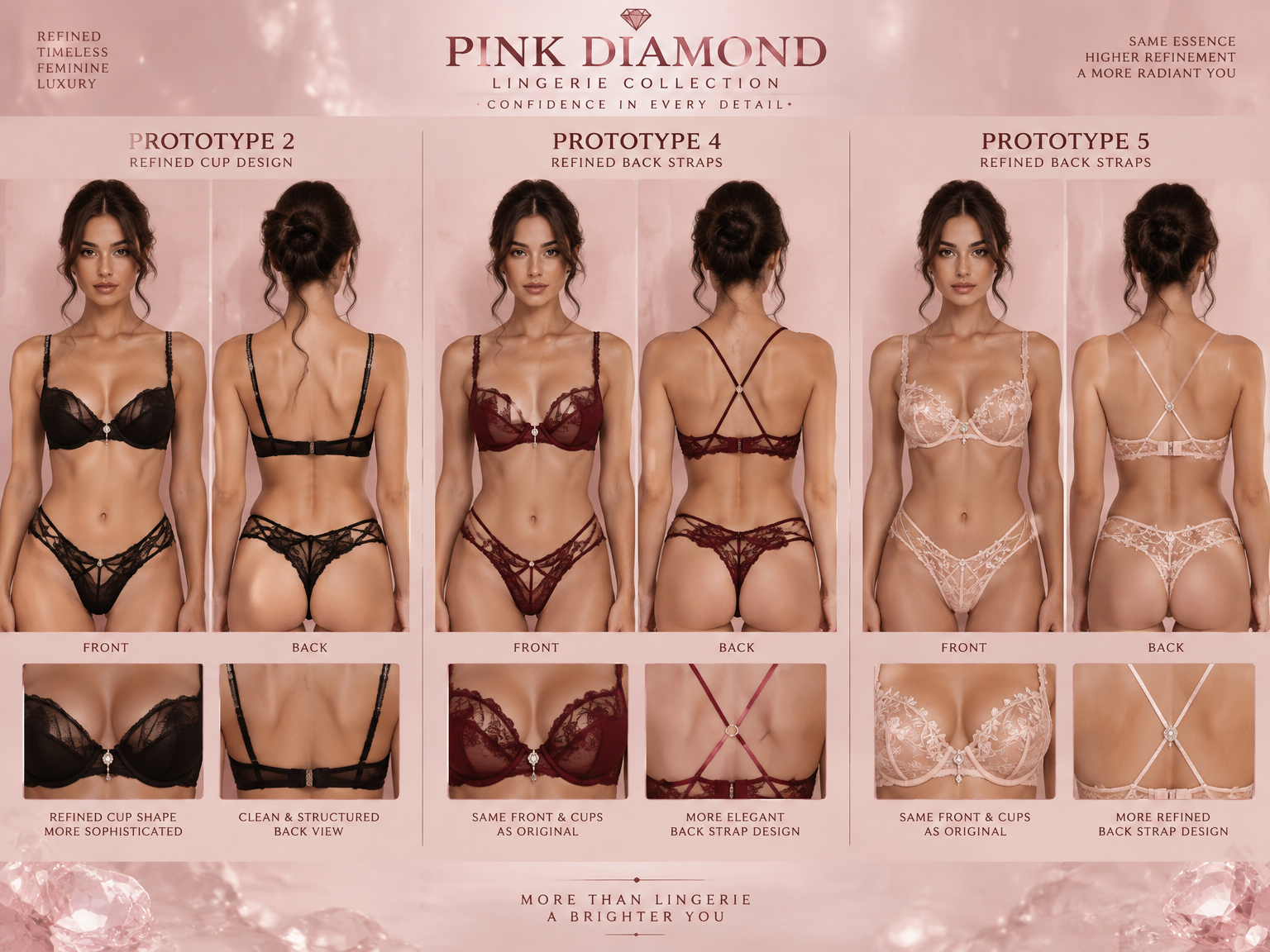 not to redesign from scratch, but to refine the three prototypes you like. For prototype 2, keep the black sculpted design but refine the bra to look more serious and sophisticated. Slightly reshape the cups. Keep the bottoms the same. For prototype 4, keep the burgundy color and bottoms as is, but redesign the bra’s back straps to be more elegant and feminine. For prototype 5, only modify the back straps again, make them more refined but keep the front and cups the same. Show clear front and back views of all three refined designs, with a cohesive Pink Diamond vibe. Copy this into Fashion Design AI as instructions. Refine three existing Pink Diamond lingerie designs (prototypes 2, 4, and 5). Do not redesign from scratch. Preserve the original silhouettes, materials, colors, and bottoms that already work. For prototype 2, refine the bra cup structure to look more serious and sophisticated. Keep the black color and bottoms the same. For prototype 4, refine the back straps on the bra to be cleaner and more elegant. Keep the burgundy color and bottoms exactly as is. For prototype 5, only modify the back straps of the bra to make them more elegant. Keep the front, cups, color, and bottoms as close to the original as possible. Show clear front and back views of all three refined designs with a cohesive Pink Diamond vibe.
not to redesign from scratch, but to refine the three prototypes you like. For prototype 2, keep the black sculpted design but refine the bra to look more serious and sophisticated. Slightly reshape the cups. Keep the bottoms the same. For prototype 4, keep the burgundy color and bottoms as is, but redesign the bra’s back straps to be more elegant and feminine. For prototype 5, only modify the back straps again, make them more refined but keep the front and cups the same. Show clear front and back views of all three refined designs, with a cohesive Pink Diamond vibe. Copy this into Fashion Design AI as instructions. Refine three existing Pink Diamond lingerie designs (prototypes 2, 4, and 5). Do not redesign from scratch. Preserve the original silhouettes, materials, colors, and bottoms that already work. For prototype 2, refine the bra cup structure to look more serious and sophisticated. Keep the black color and bottoms the same. For prototype 4, refine the back straps on the bra to be cleaner and more elegant. Keep the burgundy color and bottoms exactly as is. For prototype 5, only modify the back straps of the bra to make them more elegant. Keep the front, cups, color, and bottoms as close to the original as possible. Show clear front and back views of all three refined designs with a cohesive Pink Diamond vibe., luxury style