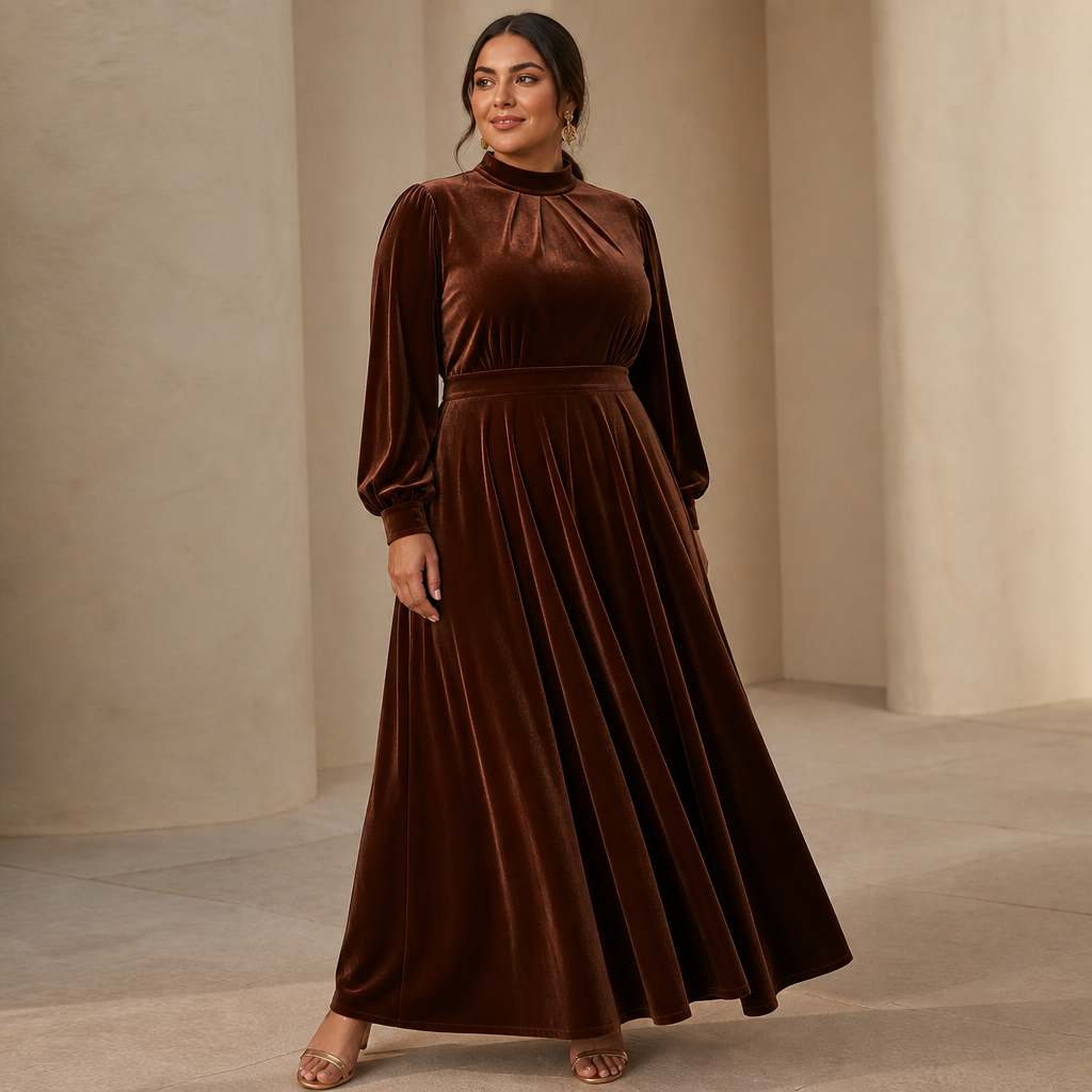 A Female Dress design, made of Velvet, with a light, flowing drape, with a Flared silhouette, with modest, full coverage: longer hemlines, higher necklines and covered shoulders, in an Earth Tones color palette, for Party, suitable for Fall, suited to a Temperate climate, in Minimalist style, shown on a model with medium skin tone and a plus-size figure. Egypt fashion aesthetics. Present it as professional fashion catalogue photography: the garment is the subject, shown full-length with editorial styling, neutral posing and tasteful, non-suggestive framing.
photorealistic fashion design, A Female Dress design, made of Velvet, with a light, flowing drape, with a Flared silhouette, with modest, full coverage: longer hemlines, higher necklines and covered shoulders, in an Earth Tones color palette, for Party, suitable for Fall, suited to a Temperate climate, in Minimalist style, shown on a model with medium skin tone and a plus-size figure. Egypt fashion aesthetics. Present it as professional fashion catalogue photography: the garment is the subject, shown full-length with editorial styling, neutral posing and tasteful, non-suggestive framing., minimalist style, just the design no text