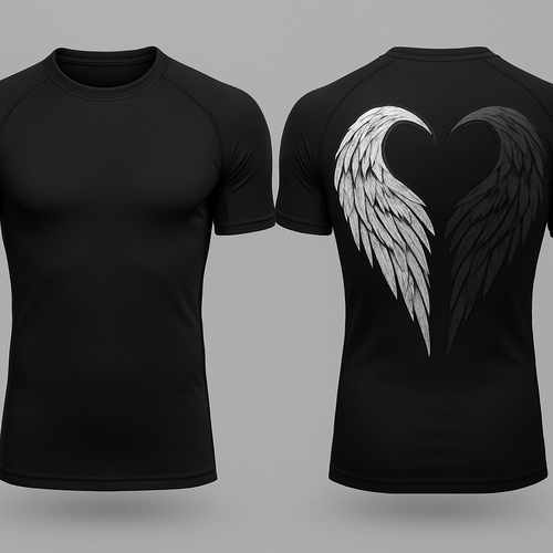 Black base short sleeve compression jujitsu rash guard shirt. 2 angle wings on the back, one white and the other dark gray. Make the wings kinda form a shape of a heart without making it too obnoxious so the wings look natural still 