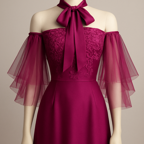 •	فستان فوشيا أرجواني فاخر من كريب حريري.
	•	ياقة ربطة عند العنق أنيقة بنفس القماش.
	•	الأكتاف مكشوفة بالكامل.
	•	فرفر (كشكشة تول ناعم شفاف) بنفس درجة اللون، يبدأ من تحت الربطة ويمتد بانسيابية حتى منتصف الذراع (الزند).
	•	التطريز في الجزء العلوي ناعم كما في الرسومات السابقة