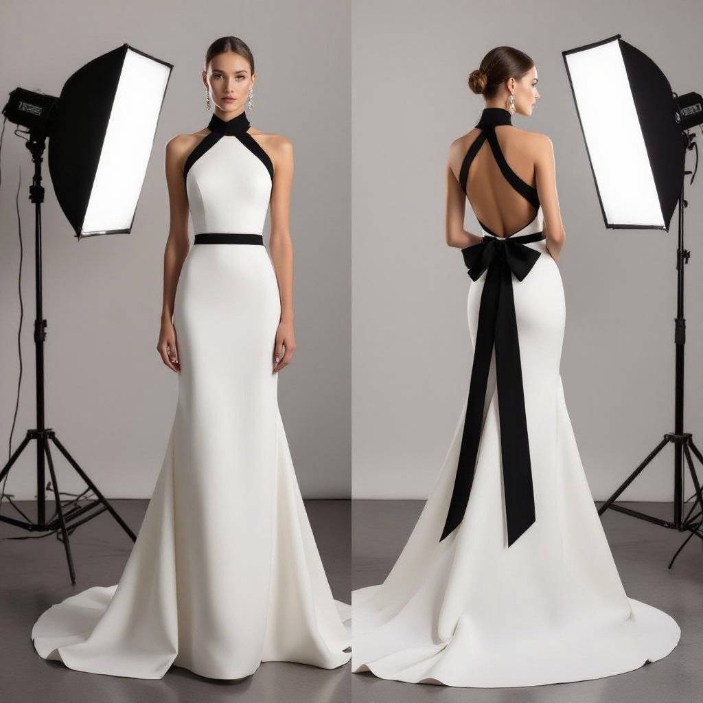Full-body front view, elegant floor-length gown in off-white double-cady (heavy, matte, non-silk). Clean halter neckline with a black collar band (3–4 cm). Fitted bodice with subtle structure, smooth front panel. Soft draped hip band concentrated at the high-hip creating a gentle hourglass shape, no excessive front gathers. Column/A-line skirt, minimal train, luxurious yet structured. Minimalist studio background, fashion editorial lighting, high detail, photorealistic. Full-body back view, open-back deep V down to the waist. Black straps crossing in an X from the halter to the waist. Large black bow centered at the waist with two long straight tails reaching the floor. Off-white double-cady fabric, structured draping around the hips visible from the sides, clean flowing skirt with a slight train. Minimalist studio background, fashion editorial, photorealistic.
Full-body front view, elegant floor-length gown in off-white double-cady. Halter neckline with a black 3–4 cm collar band. Fitted bodice with a smooth front panel. Soft draped hip band at the high-hip creating a gentle hourglass shape. Column/A-line skirt with a minimal train. Minimalist studio background, fashion editorial lighting, high detail, photorealistic. Full-body back view, open-back deep V to the waist. Black straps crossing in an X. Large black bow at the waist with two long straight tails. Off-white double-cady fabric, structured hip draping, clean flowing skirt with a slight train. Minimalist studio background, fashion editorial, photorealistic.