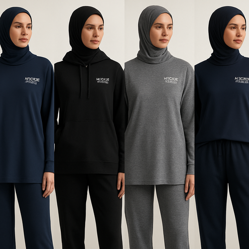 Create a revolutionary women’s modest loose gym wear brand called “Modest Fleur”. Display the brand name on the  in a unique design on the upper right side, in small thick writing that exudes a classy and sophisticated vibe. I’d like four designs, each showcasing different styles and fabrics, with high-end, chic designs to make them truly special.