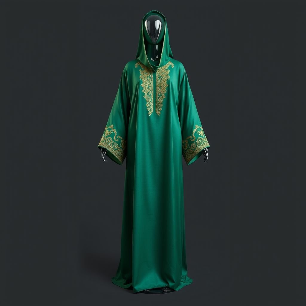 Make a design of Arabic clothing called abaya. The clothing should be like a robe without a hood. Sleeves of medium length and the length of the abaya to the Floor depict on a transparent 3D mannequin
Design an elegant abaya inspired by traditional Arabic aesthetics, featuring a seamless floor-length silhouette. The robe, devoid of a hood, showcases intricate gold embroidery along the sleeves, highlighting medium-length flowy cuffs. Use rich emerald green fabric that shimmers subtly under light, draping beautifully on a transparent 3D mannequin for a contemporary twist.