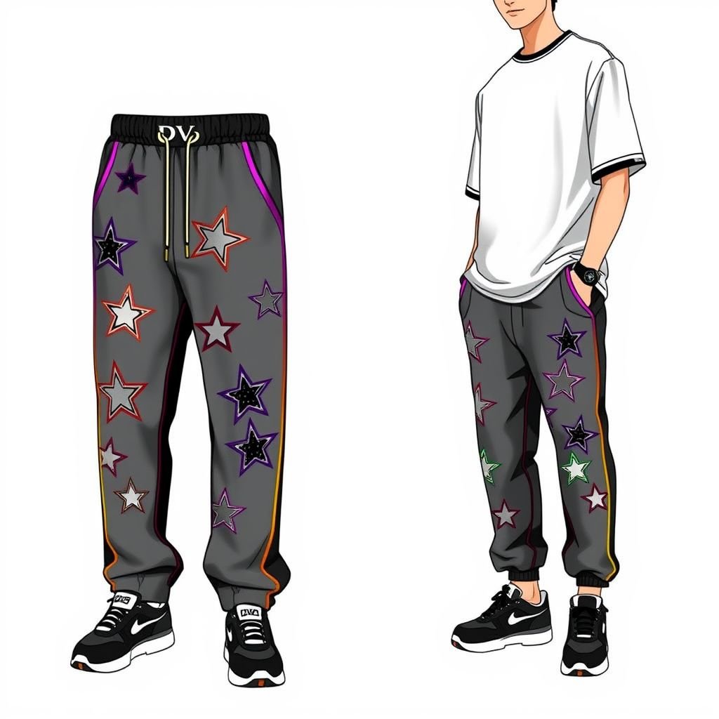 Manfinity Hypemode Men Loose Embroidery Star Pattern Contrast Piping Pants. With “DV” on drawstring
Design an edgy streetwear ensemble featuring the "Manfinity Hypemode Men Loose Pants" with oversized, airy fit, showcasing bold embroidery of star patterns intertwined with colorful contrast piping. Incorporate a sleek elastic waistband with a standout “DV” logo on the drawstring, perfect for urban adventures. Pair with a graphic tee and chunky sneakers.