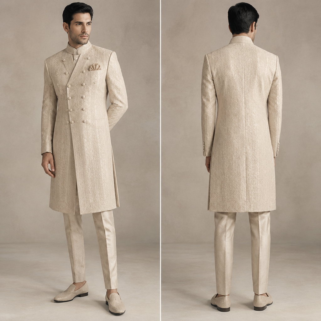 A Coat design, with a rich, textured surface, with a Tailored silhouette, for Wedding, in Formal style, shown on a model with fair skin and a slim figure. make me good design of double breasted suit with same colour or shades of same color to create an illusion of looking tall. India fashion aesthetics. Present it as professional fashion catalogue photography: the garment is the subject, shown full-length with editorial styling, neutral posing and tasteful, non-suggestive framing.
photorealistic fashion design, A Coat design, with a rich, textured surface, with a Tailored silhouette, for Wedding, in Formal style, shown on a model with fair skin and a slim figure. make me good design of double breasted suit with same colour or shades of same color to create an illusion of looking tall. India fashion aesthetics. Present it as professional fashion catalogue photography: the garment is the subject, shown full-length with editorial styling, neutral posing and tasteful, non-suggestive framing., formal style, just the design no text, show front and back