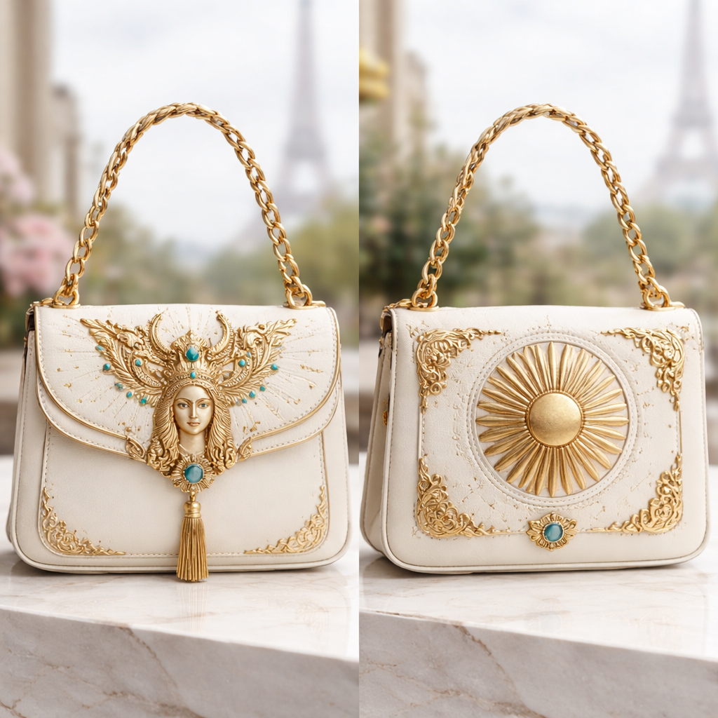 A luxury bag inspired by ancient ugaritic goddess but simple and high fashion
A luxury bag inspired by ancient ugaritic goddess but simple and high fashion , parisian style, show front and back