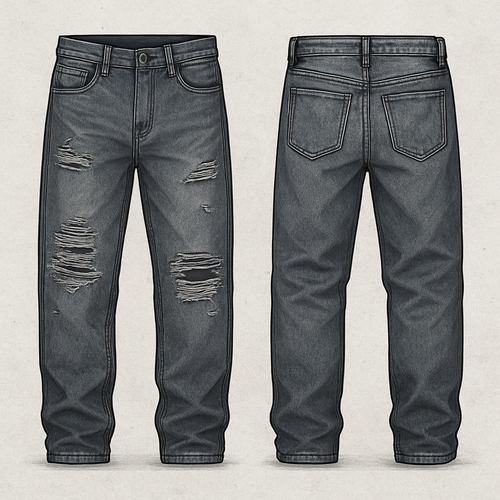 Jeans grey loose male pants with some scretches both sides