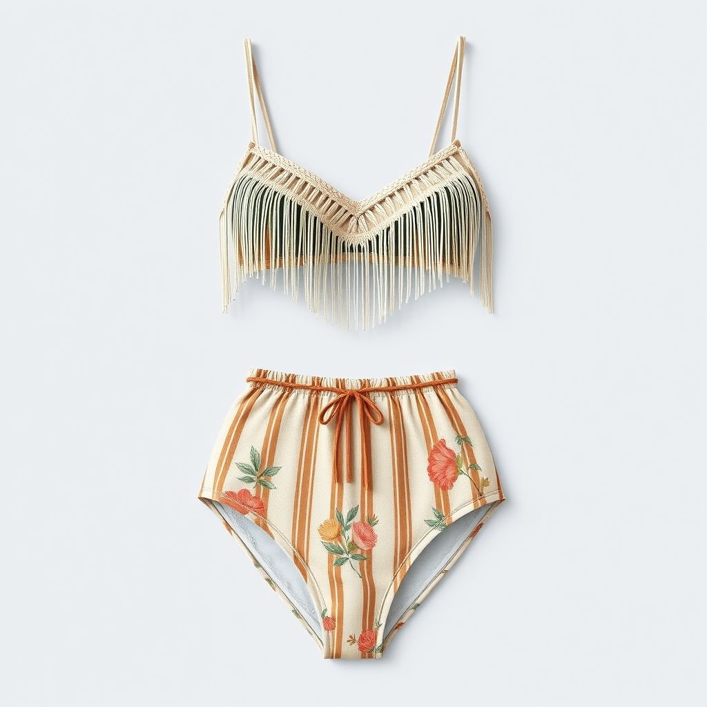Two pieces swimwear with thin stripes inspired by chairs influencer
Design a boho-chic two-piece swimwear featuring delicate, hand-painted thin stripes reminiscent of sun-drenched beach chairs. Incorporate fringe details and macramé accents on the top, and a high-waisted bottom adorned with subtle floral patterns. Use earthy tones and soft fabrics to evoke a laid-back, free-spirited vibe perfect for summer escapades.