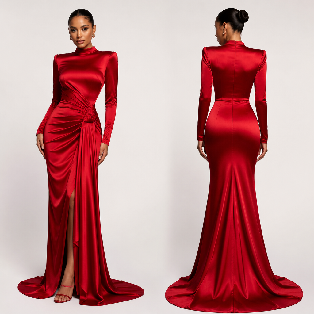A Female Dress design, made of Satin, for Formal, suitable for Winter, in Elegant + Glamorous + Y2K style. must be exactly like the image and red. South Africa fashion aesthetics.
photorealistic fashion design, A Female Dress design, made of Satin, for Formal, suitable for Winter, in Elegant + Glamorous + Y2K style. must be exactly like the image and red. South Africa fashion aesthetics., elegant style, just the design no text, show front and back