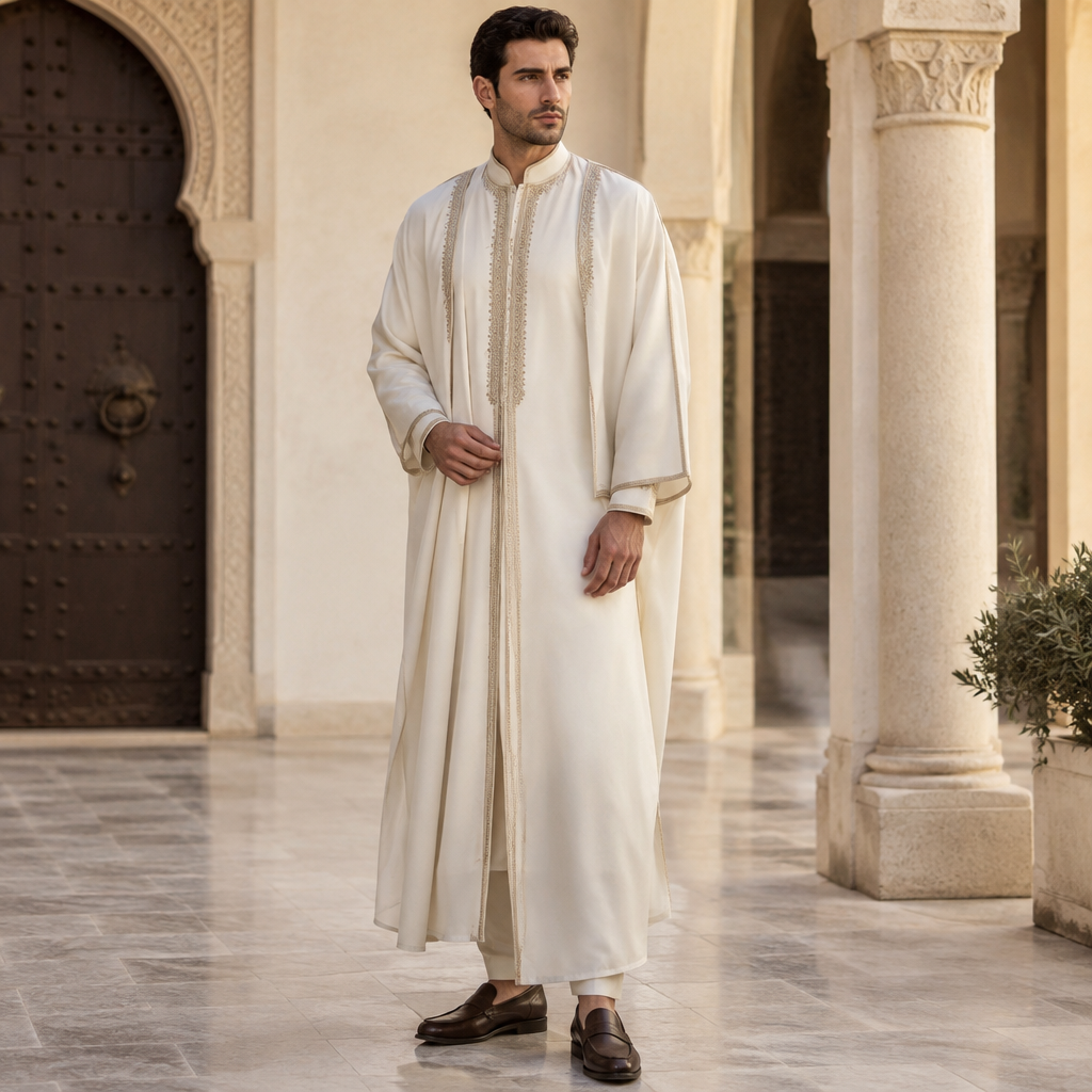 A Male Dress design, made of Silk, with a sleek, smooth finish, with a minimal-coverage cut, for Work, suitable for Fall, in Classic style. Tunisia fashion aesthetics. Present it as professional fashion catalogue photography: the garment is the subject, shown full-length with editorial styling, neutral posing and tasteful, non-suggestive framing.
photorealistic fashion design, A Male Dress design, made of Silk, with a sleek, smooth finish, with a minimal-coverage cut, for Work, suitable for Fall, in Classic style. Tunisia fashion aesthetics. Present it as professional fashion catalogue photography: the garment is the subject, shown full-length with editorial styling, neutral posing and tasteful, non-suggestive framing., classic style, just the design no text