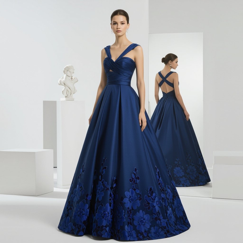 So this is a ball gown it's midnight blue very dark. The straps are thick and it crosses over from one side of the neck to the other leaving a triangle looking shape of showing skin inside the triangle. It's going to have a bit darker highlights with a floral pattern along the bottem. It just touches the floor but not so much you could trip over it. It's quite poofy as it is a ball gown
Formal fashion: Formal midnight blue ball gown. Thick straps cross, creating a triangular neckline. Darker floral pattern along the hem. Floor-length, voluminous skirt. Cotton fabric.