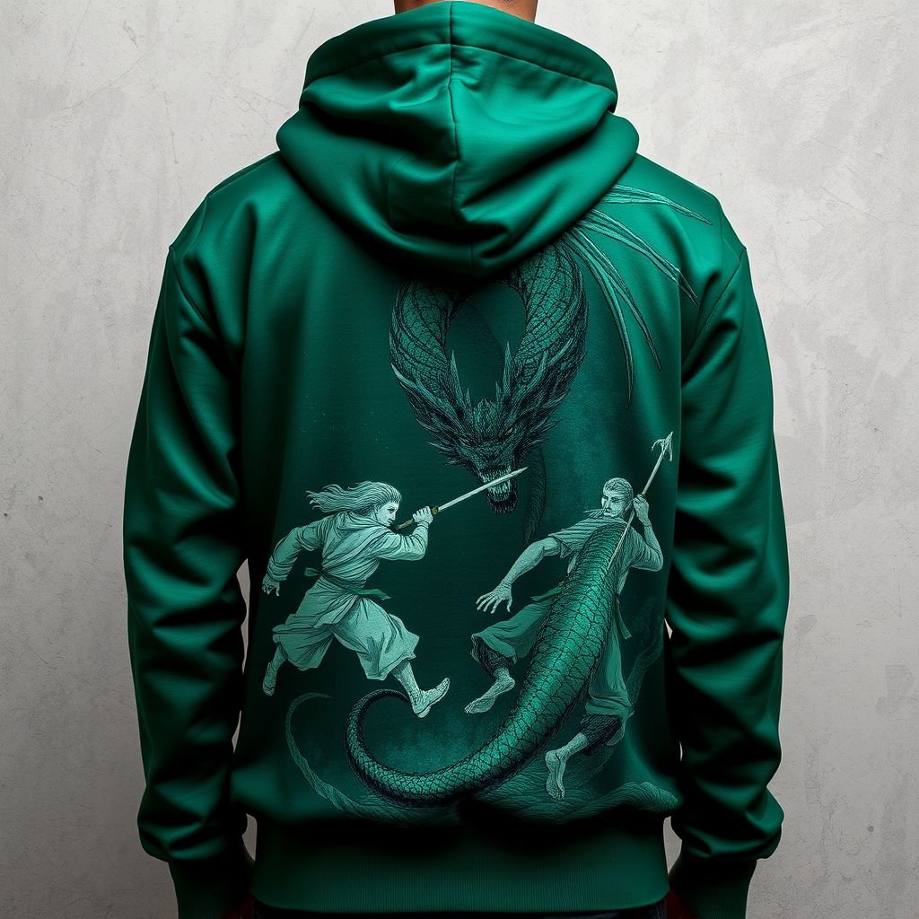 Dark emerald green hoodie wit 2 layers ppl fighting on the hoodie wit a dark emerald green dragon to
Envision an avant-garde dark emerald green hoodie, layered elegantly with intricate illustrations of spirited warriors clashing in fluid motion. These dynamic figures transition seamlessly into an imposing dark emerald dragon, symbolizing strength and creativity. The fabric blends textures, inviting the wearer to explore a vivid and imaginative narrative through artsy fashion.