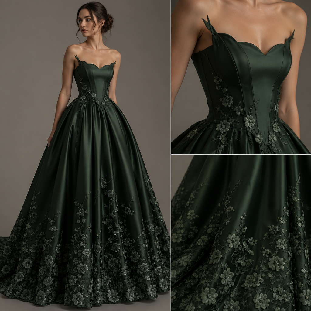 Dit maar dan donkersmarachtgroen en de bloemetjes ietsjes pietsjes lichter dan de jurk zelf en als je geen foto ‘s kan sturen een silk ballgown soort van jurk met bloementjes kleine bloementjes aan de onderkant van de jurk met een kleine overgang naar boven en strapless met een soort rare puntjes in de plaats waar de straps horen Silk
photorealistic fashion design, Dit maar dan donkersmarachtgroen en de bloemetjes ietsjes pietsjes lichter dan de jurk zelf en als je geen foto ‘s kan sturen een silk ballgown soort van jurk met bloementjes kleine bloementjes aan de onderkant van de jurk met een kleine overgang naar boven en strapless met een soort rare puntjes in de plaats waar de straps horen Silk, handmade style, just the design no text