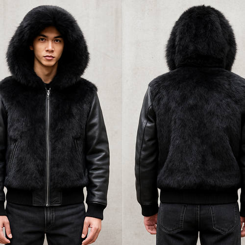 Leather and fur jacket with leather sleeves and fur body and fur hood