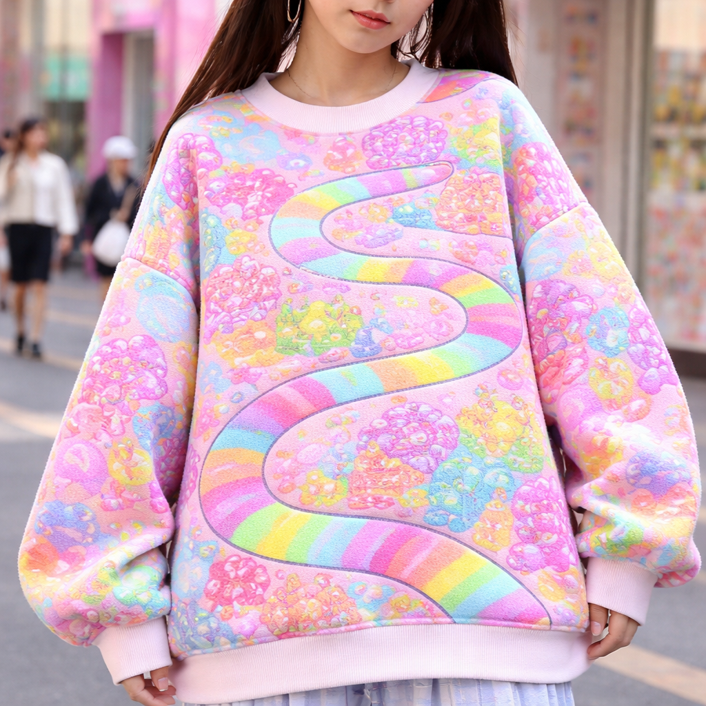 cute chunky neon cartoon candy land board game sweater
Japanese Street fashion design: **Oversized cotton sweater with a vibrant neon candy land board game pattern. Features a relaxed fit, drop shoulders, and puffed sleeves, typical of Harajuku playful aesthetics.**