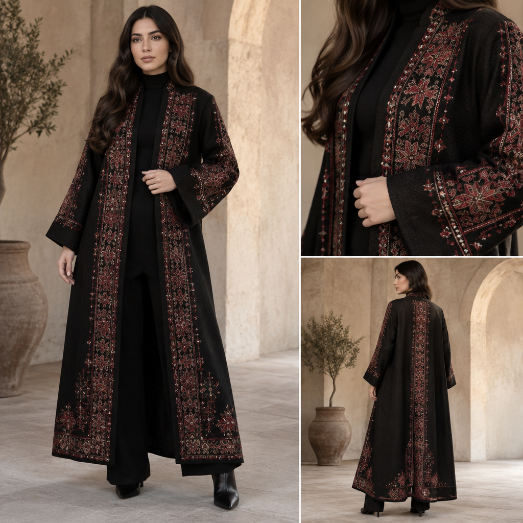 A Female Dress design, suitable for Fall. قم بعمل تصميم لجكيت نسائي عصري وانثوي وطويل بقصات عصريه ويوجد عليه تفريغ قماش بشكل تطريزات فلسطينيه وحول هذه التفريغات تطريز بالخرز والخيوط التركيز الفلسطينين. JO fashion aesthetics. Present it as professional fashion catalogue photography: the garment is the subject, shown full-length with editorial styling, neutral posing and tasteful, non-suggestive framing.
photorealistic fashion design, A Female Dress design, suitable for Fall. قم بعمل تصميم لجكيت نسائي عصري وانثوي وطويل بقصات عصريه ويوجد عليه تفريغ قماش بشكل تطريزات فلسطينيه وحول هذه التفريغات تطريز بالخرز والخيوط التركيز الفلسطينين. JO fashion aesthetics. Present it as professional fashion catalogue photography: the garment is the subject, shown full-length with editorial styling, neutral posing and tasteful, non-suggestive framing., just the design no text