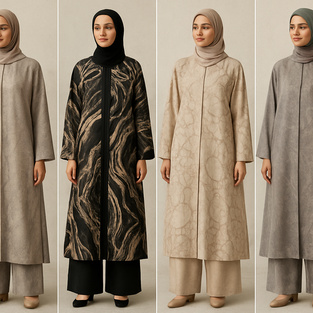 Create a modest abaya and loose pant, first of its kind, featuring a unique stone design that exudes a classy and sophisticated vibe. I'd like four designs, each showcasing different styles and fabrics. Incorporate high-end, unique chic stone designs to make them truly special. Add little sophisticated stone designs. Make it irresistible with designs that stands out.

Create a modest abaya and loose pant, first of its kind, featuring a unique stone design that exudes a classy and sophisticated vibe. I'd like four designs, each showcasing different styles and fabrics. Incorporate high-end, unique chic stone designs to make them truly special. Add little sophisticated stone designs. Make it irresistible with designs that stands out.