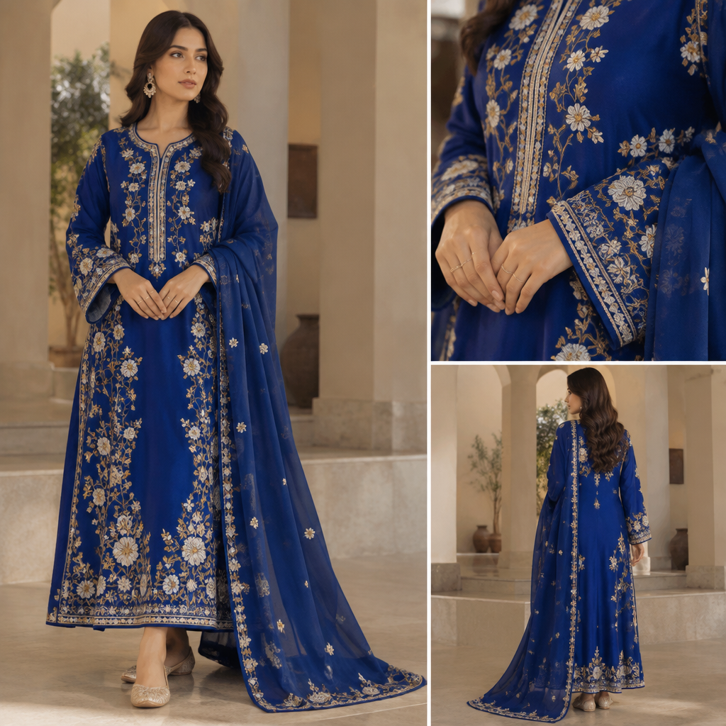 like the reference pic I want a royal blue with white and golden flower on it. Pakistan fashion aesthetics. Present it as professional fashion catalogue photography: the garment is the subject, shown full-length with editorial styling, neutral posing and tasteful, non-suggestive framing.
photorealistic fashion design, like the reference pic I want a royal blue with white and golden flower on it. Pakistan fashion aesthetics. Present it as professional fashion catalogue photography: the garment is the subject, shown full-length with editorial styling, neutral posing and tasteful, non-suggestive framing., just the design no text