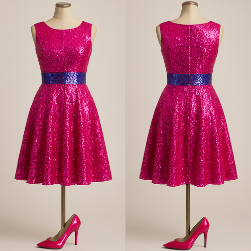 A hot pink sequence covered dress with a purple blue sparkly waistband and over the top overall look pink, bright and vibrant with stiletto high heels on a mannequin