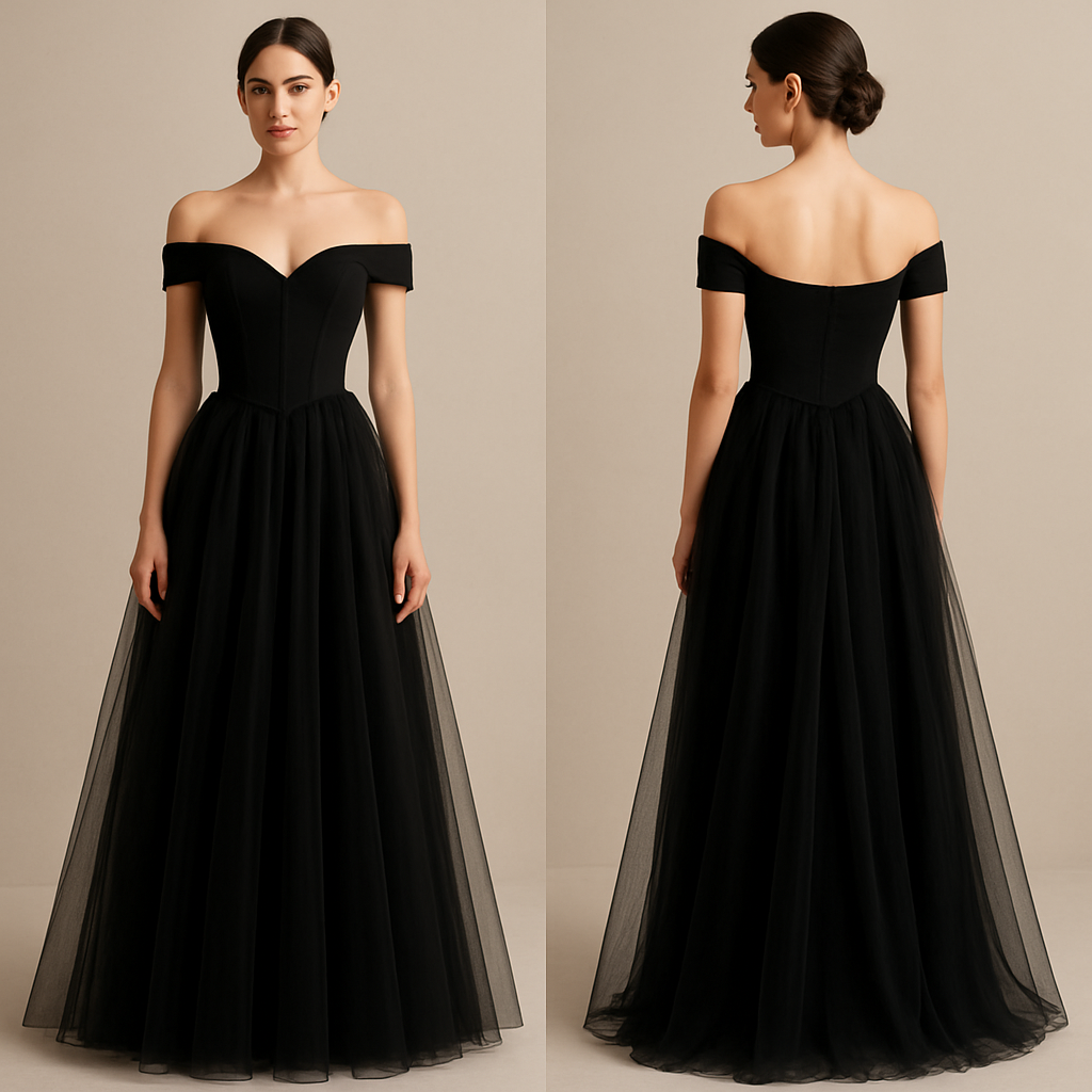 Black Off shoulder, princess cut corset top, sheer skirt dress.
Black Off shoulder, princess cut corset top, sheer skirt dress. , elegant style, show front and back