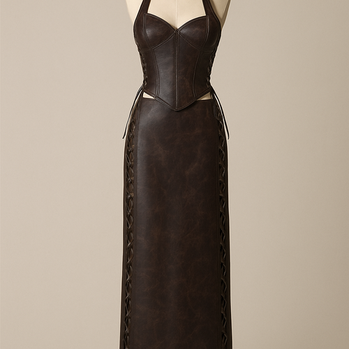 Leather full length maxi skirt dark brown colour with slight marble design
Criss cross laces up each side
Make skirt straight
Add matching corset top with halter neck and dipped curved hem with laces up each side