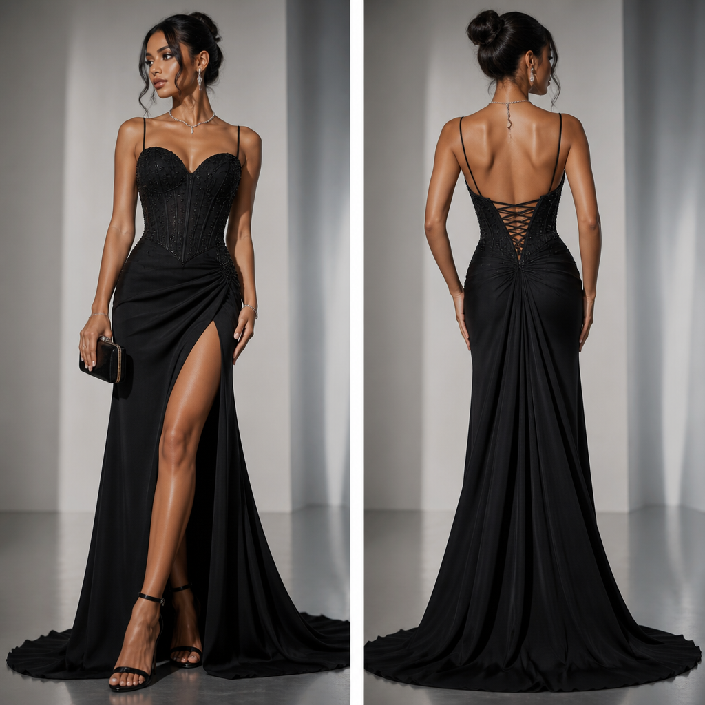 Black prom dress design with accessories
photorealistic fashion design, Black prom dress design with accessories, formal style, just the design no text, show front and back