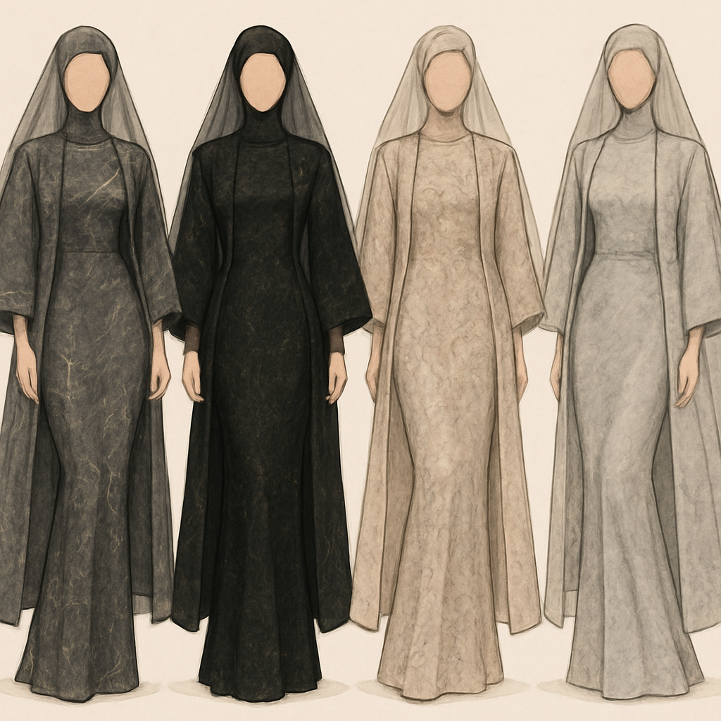 Create a modest sexy elegant fittted dress with a veil and kimono, the first of its kind, featuring a unique stone design that exudes a classy and sophisticated vibe. I'd like four designs, each showcasing different styles and fabrics. Incorporate high-end, unique chic stone designs to make them truly special. Add little sophisticated stone designs.
Create a modest sexy elegant fittted dress with a veil and kimono, the first of its kind, featuring a unique stone design that exudes a classy and sophisticated vibe. I'd like four designs, each showcasing different styles and fabrics. Incorporate high-end, unique chic stone designs to make them truly special. Add little sophisticated stone designs.